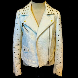 Zara White Studded Leather Moto Jacket
